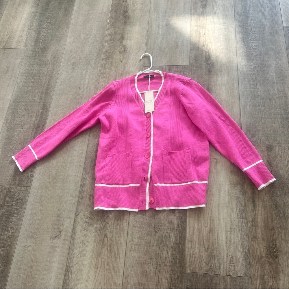 NWT BRIGHT PINK White Cardigan RELAXED Fit OVERSIZED Size M 42” L 26.5 Dokotoo